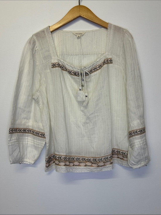 Lucky Brand Tops - Lucky Brand Metallic Stripe Embroidered Cotton Peasant Top